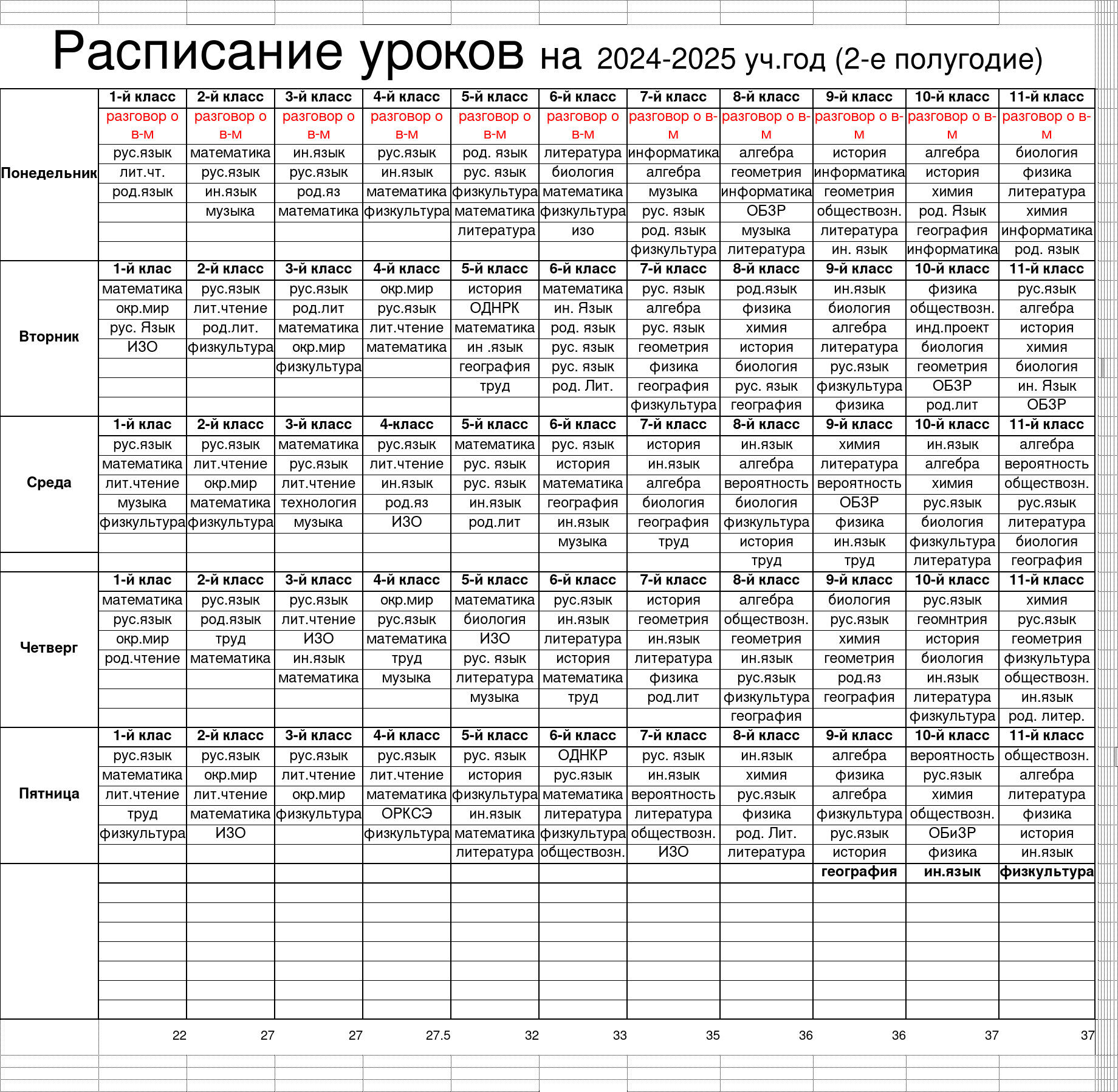 Расписание уроков на 2024 - 2025 учебный год